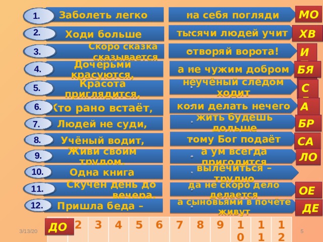 Заболеть легко Дочерьми красуются, Ходи больше Людей не суди, Красота приглядится, Одна книга Учёный водит, Скоро сказка сказывается Кто рано встаёт , Скучен день до вечера, Живи своим трудом, Пришла беда – на себя погляди а не чужим добром жить будешь дольше тысячи людей учит неучёный следом ходит вылечиться – трудно тому Бог подаёт отворяй ворота! да не скоро дело делается коли делать нечего а ум всегда пригодится а сыновьями в почёте живут МО 1. 2.  ХВ ИТ 3. БЯ 4. СЕ 5. АЛ 6. БР 7. 8. СА 9. ЛО 10. 11. ОЕ 12.  ДЕ 1 2 3 4 5 6 7 8 9 10 11 12 ДО 3/13/20  Карасёва С.А. 