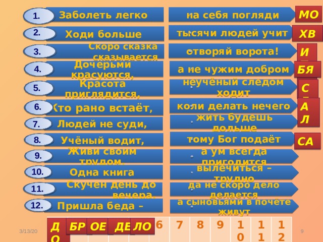 Заболеть легко Дочерьми красуются, Ходи больше Людей не суди, Красота приглядится, Одна книга Учёный водит, Скоро сказка сказывается Кто рано встаёт , Скучен день до вечера, Живи своим трудом, Пришла беда – на себя погляди а не чужим добром жить будешь дольше тысячи людей учит неучёный следом ходит вылечиться – трудно тому Бог подаёт отворяй ворота! да не скоро дело делается коли делать нечего а ум всегда пригодится а сыновьями в почёте живут МО 1. 2.  ХВ ИТ 3. БЯ 4. СЕ 5. АЛ 6. 7. 8. СА 9. 10. 11. 12. 1 2 3 4 5 6 7 8 9 10 11 12 ДО  ДЕ ОЕ ЛО БР  3/13/20 Карасёва С.А. 