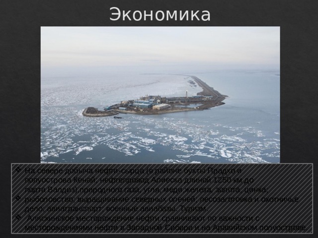 Экономика На севере добыча нефти-сырца (в районе бухты Прадхо и полуострова Кенай; нефтепровод Алиеска длиной 1250 км до порта Валдиз),природного газа, угля, меди,железа, золота, цинка;  рыболовство; выращивание северных оленей; лесозаготовка и охотничье дело; авиатранспорт; военные авиабазы. Туризм.   Аляскинское месторождение нефти сравнивают по важности с месторождениями нефти в Западной Сибири и на Аравийском полуострове. 