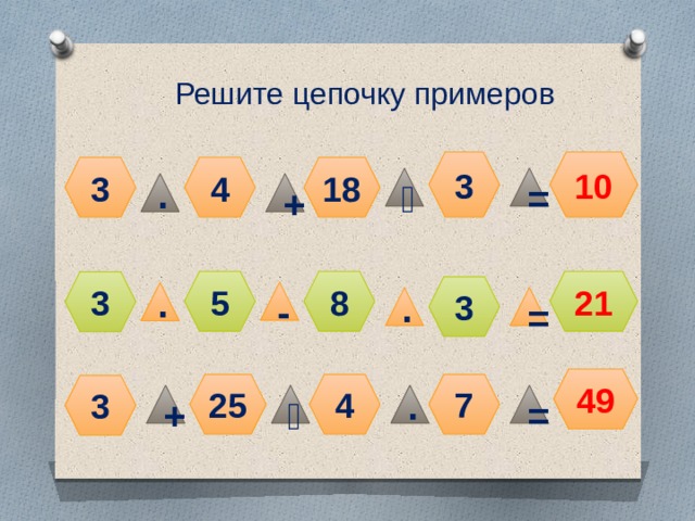 Решите цепочку примеров 3 10 3 18 4 ˸ = ∙ + 21 5 8 3 3 - ∙ ∙ = 49 25 4 7 3 = ∙ ˸ + 