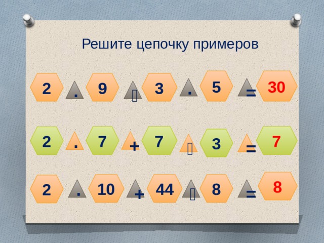 Решите цепочку примеров 5 30 2 3 9 ∙ = ∙ ˸ 7 7 7 2 3 + ∙ ˸ = 8 10 44 8 2 = ˸ + ∙ 