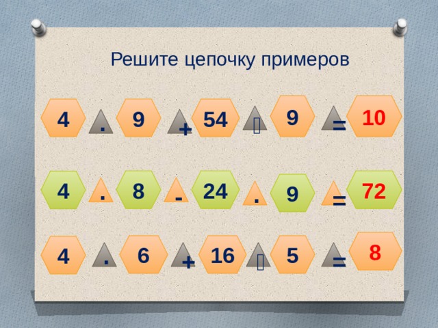 Решите цепочку примеров 9 10 4 54 9 ˸ = ∙ + 72 8 24 4 9 - ∙ ∙ = 8 6 16 5 4 = ˸ + ∙ 