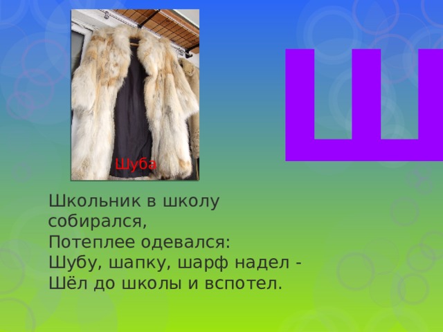 Ш Шуба Школьник в школу собирался,  Потеплее одевался:  Шубу, шапку, шарф надел -  Шёл до школы и вспотел. 