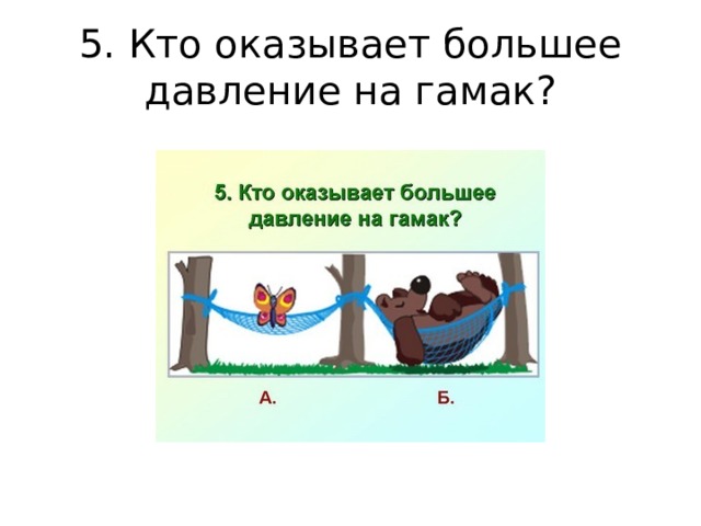 5. Кто оказывает большее давление на гамак? 