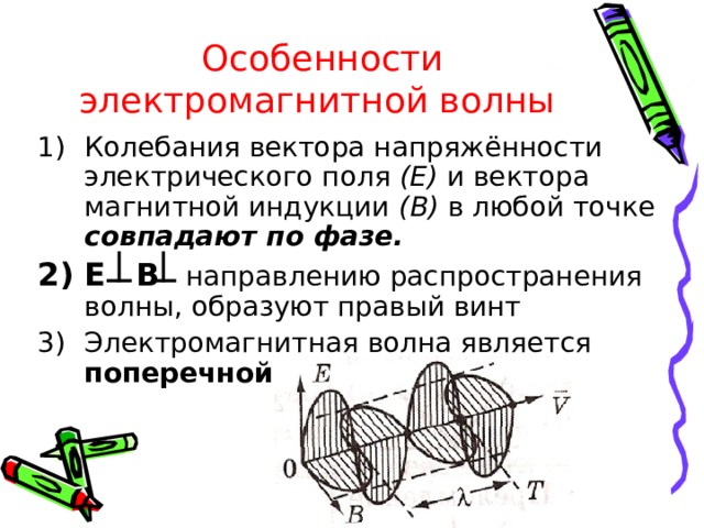 Особенности электромагнитной волны Колебания вектора напряжённости электрического поля (Е) и вектора магнитной индукции (В) в любой точке совпадают по фазе. Е  В  направлению распространения волны, образуют правый винт Электромагнитная волна является поперечной.  