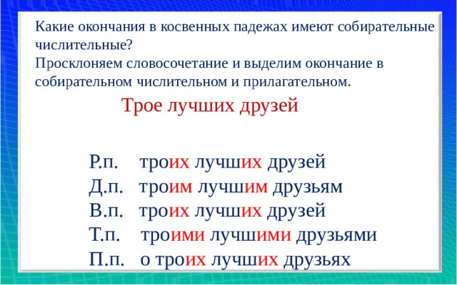 Какие окончания в косвенных падежах имеют собирательные числительные? Просклоняем словосочетание и выделим окончание в собирательном числительном и прилагательном. Трое лучших друзей Р.п. тро их лучш их друзей Д.п. тро им лучш им друзьям В.п. тро их лучш их друзей Т.п. тро ими лучш ими друзьями П.п. о тро их лучш их друзьях 
