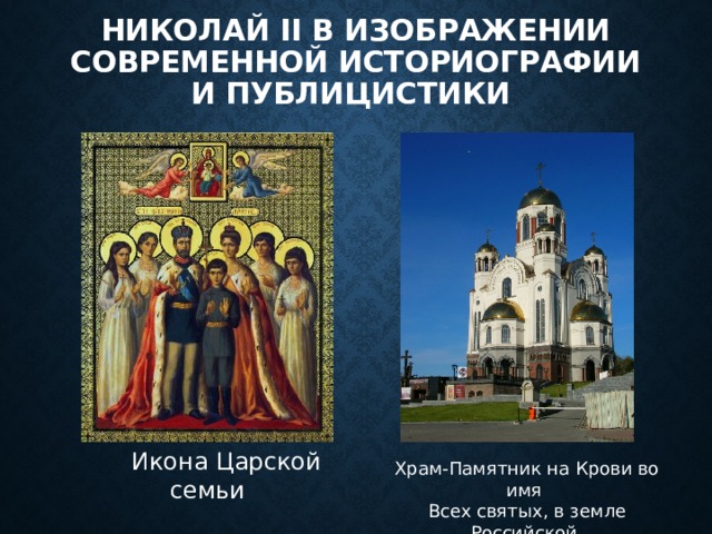 Николай II в изображении современной историографии и публицистики  Икона Царской семьи Храм-Памятник на Крови во имя Всех святых, в земле Российской просиявших (г. Екатеринбург) 