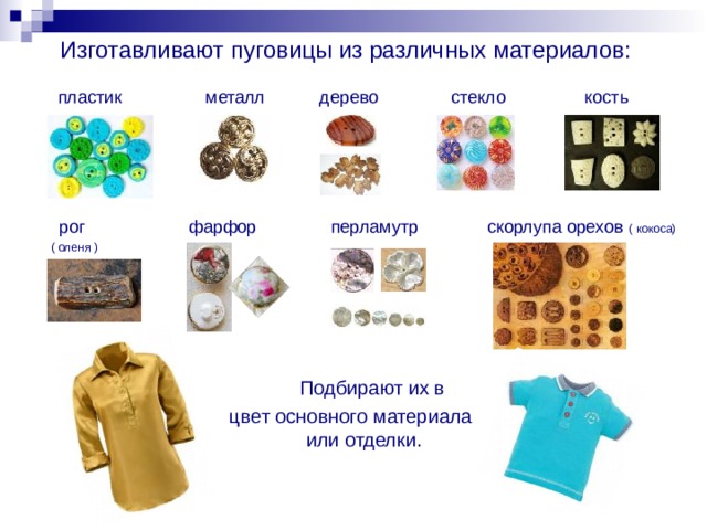 Изготавливают пуговицы из различных материалов:  пластик металл дерево  стекло  кость  рог фарфор перламутр скорлупа орехов ( кокоса)  ( оленя )  Подбирают их в  цвет основного материала или отделки. 
