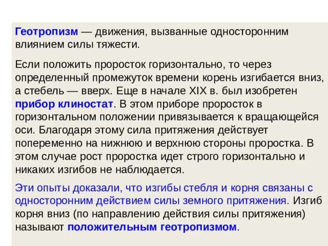 Геотропизм — движения, вызванные односторонним влиянием силы тяжести. Если положить проросток горизонтально, то через определенный промежуток времени корень изгибается вниз, а стебель — вверх. Еще в начале ХIХ в. был изобретен прибор клиностат . В этом приборе проросток в горизонтальном положении привязывается к вращающейся оси. Благодаря этому сила притяжения действует попеременно на нижнюю и верхнюю стороны проростка. В этом случае рост проростка идет строго горизонтально и никаких изгибов не наблюдается. Эти опыты доказали, что изгибы стебля и корня связаны с односторонним действием силы земного притяжения. Изгиб корня вниз (по направлению действия силы притяжения) называют положительным геотропизмом .  