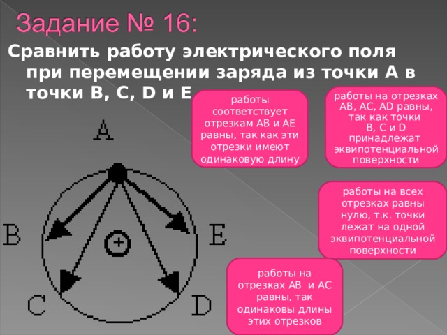 Сравнить работу электрического поля при перемещении заряда из точки А в точки В, С, D и Е . работы на отрезках АВ, АС, А D равны, так как точки В, С и D принадлежат  эквипотенциальной поверхности работы соответствует отрезкам АВ и АЕ равны, так как эти отрезки имеют одинаковую длину работы на всех отрезках равны нулю, т.к . точки лежат на одной эквипотенциальной поверхности работы на отрезках АВ и АС равны, так одинаковы длины этих отрезков 