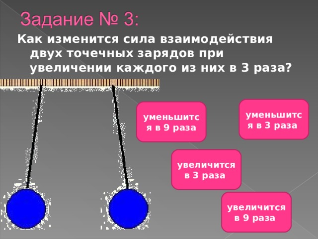 Как изменится сила взаимодействия двух точечных зарядов при увеличении каждого из них в 3 раза? уменьшится в 3 раза уменьшится в 9 раза увеличится в 3 раза увеличится в 9 раза 
