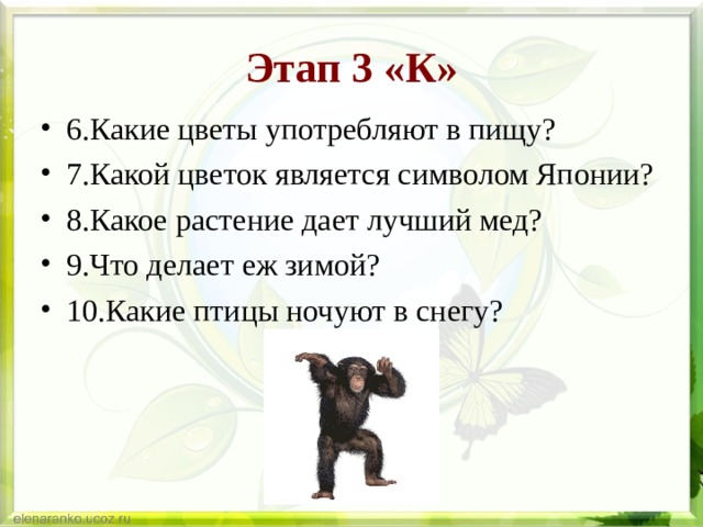 Этап 3 «К» 6.Какие цветы употребляют в пищу? 7.Какой цветок является символом Японии? 8.Какое растение дает лучший мед? 9.Что делает еж зимой? 10.Какие птицы ночуют в снегу?  