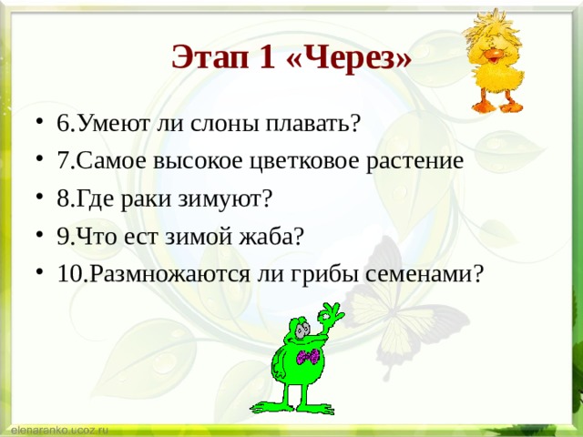 Этап 1 «Через» 6.Умеют ли слоны плавать? 7.Самое высокое цветковое растение 8.Где раки зимуют? 9.Что ест зимой жаба? 10.Размножаются ли грибы семенами?  