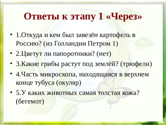 Ответы к этапу 1 «Через» 1.Откуда и кем был завезён картофель в Россию? (из Голландии Петром 1) 2.Цветут ли папоротники? (нет) 3.Какие грибы растут под землёй? (трюфели) 4.Часть микроскопа, находящаяся в верхнем конце тубуса (окуляр) 5.У каких животных самая толстая кожа? (бегемот) 