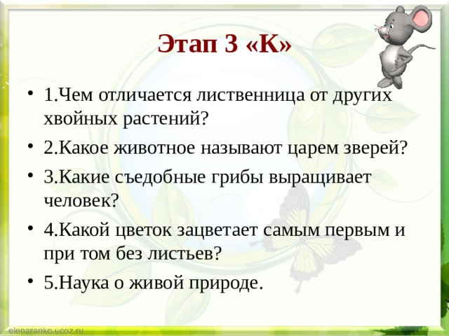 Этап 3 «К» 1.Чем отличается лиственница от других хвойных растений? 2.Какое животное называют царем зверей? 3.Какие съедобные грибы выращивает человек? 4.Какой цветок зацветает самым первым и при том без листьев? 5.Наука о живой природе. 