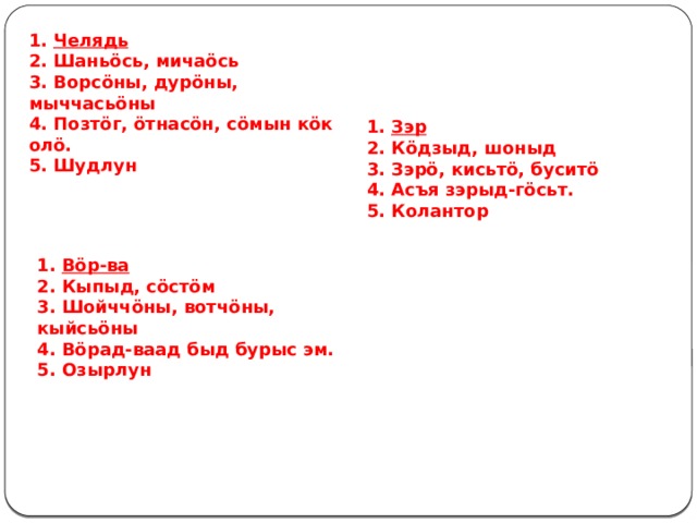1. Челядь 2. Шаньöсь, мичаöсь 3. Ворсöны, дурöны, мыччасьöны 4. Позтöг, öтнасöн, сöмын кöк олö. 5. Шудлун 1. Зэр 2. Кöдзыд, шоныд 3. Зэрö, кисьтö, буситö 4. Асъя зэрыд-гöсьт. 5. Колантор 1. Вöр-ва 2. Кыпыд, сöстöм 3. Шойччöны, вотчöны, кыйсьöны 4. Вöрад-ваад быд бурыс эм. 5. Озырлун  