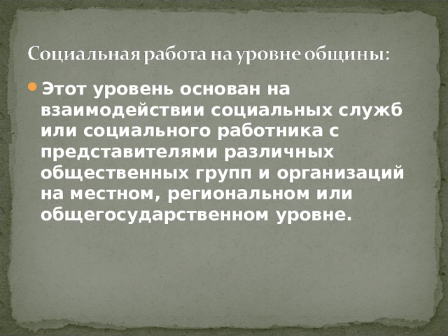 Этот уровень основан на взаимодействии социальных служб или социального работника с представителями различных общественных групп и организаций на местном, региональном или общегосударственном уровне. 