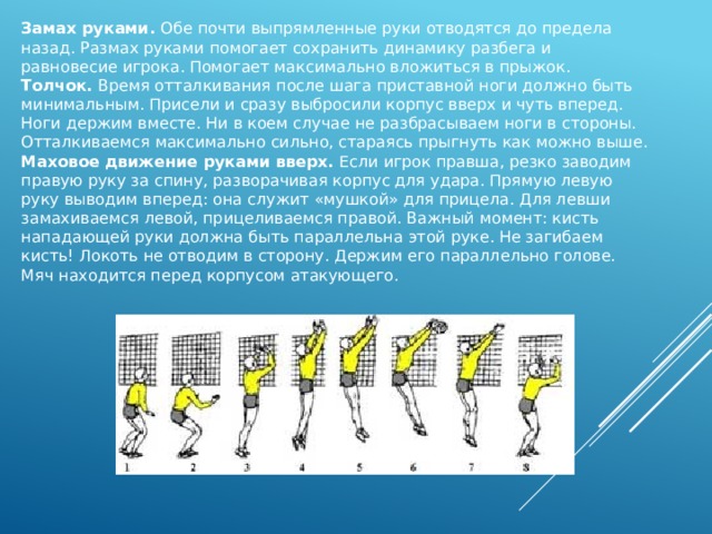 Замах руками. Обе почти выпрямленные руки отводятся до предела назад. Размах руками помогает сохранить динамику разбега и равновесие игрока. Помогает максимально вложиться в прыжок. Толчок. Время отталкивания после шага приставной ноги должно быть минимальным. Присели и сразу выбросили корпус вверх и чуть вперед. Ноги держим вместе. Ни в коем случае не разбрасываем ноги в стороны. Отталкиваемся максимально сильно, стараясь прыгнуть как можно выше. Маховое движение руками вверх. Если игрок правша, резко заводим правую руку за спину, разворачивая корпус для удара. Прямую левую руку выводим вперед: она служит «мушкой» для прицела. Для левши замахиваемся левой, прицеливаемся правой. Важный момент: кисть нападающей руки должна быть параллельна этой руке. Не загибаем кисть! Локоть не отводим в сторону. Держим его параллельно голове. Мяч находится перед корпусом атакующего. 