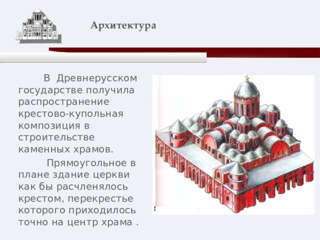    Архитектура    В Древнерусском государстве получила распространение крестово-купольная композиция в строительстве каменных храмов.  Прямоугольное в плане здание церкви как бы расчленялось крестом, перекрестье которого приходилось точно на центр храма . 