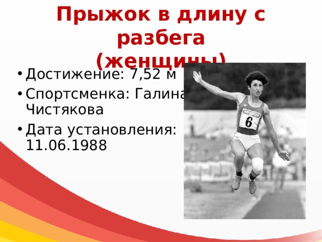 Прыжок в длину с разбега  (женщины) Достижение: 7,52 м Спортсменка: Галина Чистякова Дата установления: 11.06.1988 