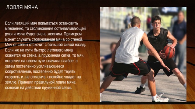 ЛОВЛЯ МЯЧА   Если летящий мяч попытаться остановить мгновенно, то столкновение останавливающей руки и мяча будет очень жестким. Примером может служить столкновение мяча со стеной. Мяч от стены отскочит с большой силой назад. Если же на пути быстро летящего мяча окажется не стена, а пружинная сетка, то мяч, встретив на своем пути сначала слабое, а затем постепенно усиливающееся сопротивление, постепенно будет терять скорость и, не отскочив, спокойно упадет на землю. Принцип правильной ловли мяча основан на действии пружинной сетки. 
