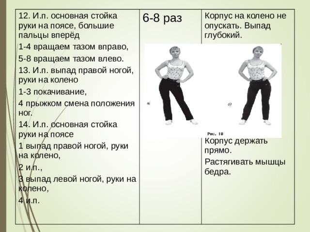 12. И.п. основная стойка руки на поясе, большие пальцы вперёд 1-4 вращаем тазом вправо, 5-8 вращаем тазом влево. 13. И.п. выпад правой ногой, руки на колено 1-3 покачивание, 4 прыжком смена положения ног. 14. И.п. основная стойка руки на поясе 1 выпад правой ногой, руки на колено, 2 и.п., 3 выпад левой ногой, руки на колено, 4 и.п. 6-8 раз Корпус на колено не опускать. Выпад глубокий. Корпус держать прямо. Растягивать мышцы бедра. 