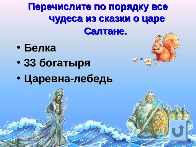 Перечислите по порядку все чудеса из сказки о царе Салтане.  Белка 33 богатыря  Царевна-лебедь Ответ на вопрос выходит по щелчку. Управляющая кнопка – возврат на слайд с номинациями  