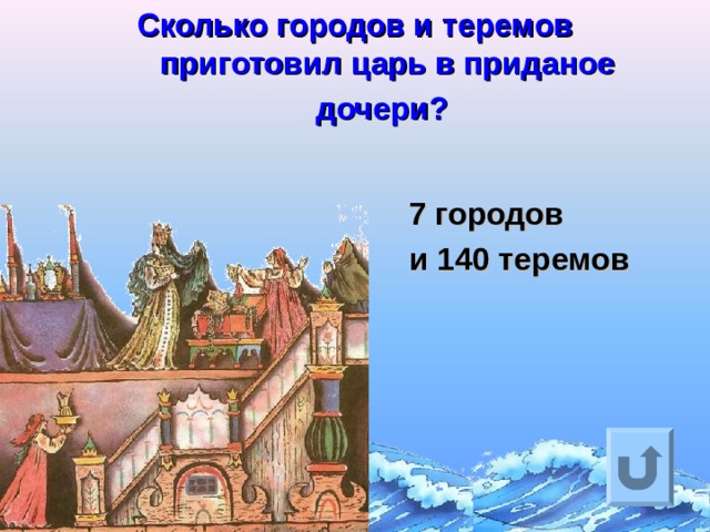 Сколько городов и теремов приготовил царь в приданое дочери?  7 городов и 140 теремов Ответ на вопрос выходит по щелчку. Управляющая кнопка – возврат на слайд с номинациями  