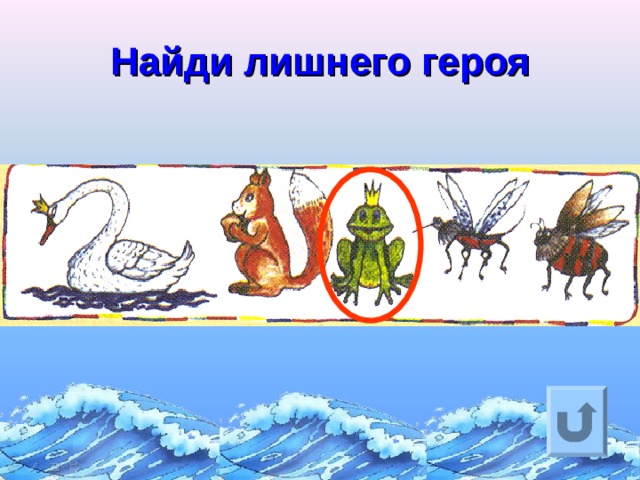 Найди лишнего героя Ответ на вопрос выходит по щелчку. Управляющая кнопка – возврат на слайд с номинациями  