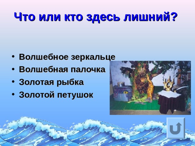 Что или кто здесь лишний?  Волшебное зеркальце Волшебная палочка Золотая рыбка Золотой петушок  Ответ на вопрос выходит по щелчку. Управляющая кнопка – возврат на слайд с номинациями  