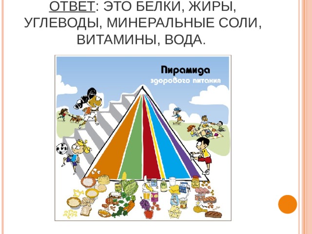 Ответ : это белки, жиры, углеводы, минеральные соли, витамины, вода . 