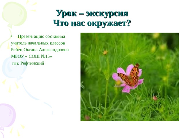 Урок – экскурсия  Что нас окружает? Презентацию составила учитель начальных классов Ребец Оксана Александровна МБОУ « СОШ №15»  пгт. Рефтинский 
