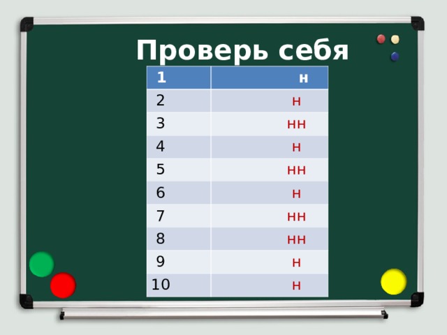    Проверь себя     1  н  2  н  3  нн  4  н  5  нн  6  н  7  нн  8  нн  9  н 10  н 
