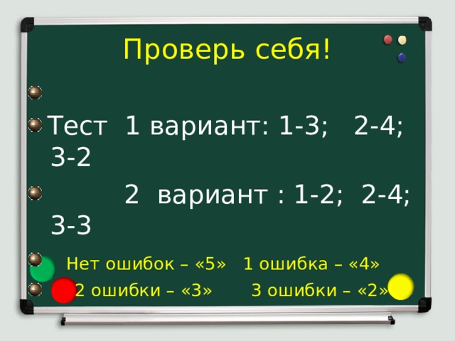 Проверь себя!  Тест 1 вариант: 1-3; 2-4; 3-2  2 вариант : 1-2; 2-4; 3-3  Нет ошибок – «5» 1 ошибка – «4»  2 ошибки – «3» 3 ошибки – «2» 