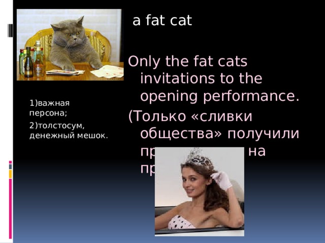  a fat cat Only the fat cats invitations to the opening performance. (Только «сливки общества» получили приглашение на премьеру.) 1)важная персона; 2)толстосум, денежный мешок. 