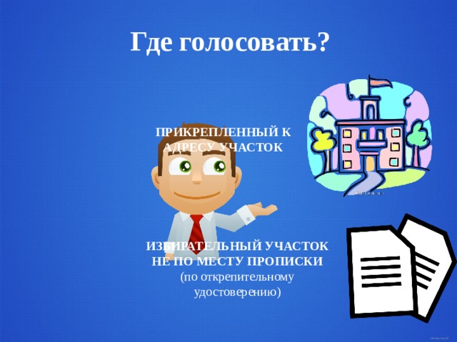 Где голосовать? ПРИКРЕПЛЕННЫЙ К АДРЕСУ УЧАСТОК ИЗБИРАТЕЛЬНЫЙ УЧАСТОК НЕ ПО МЕСТУ ПРОПИСКИ (по открепительному удостоверению) 