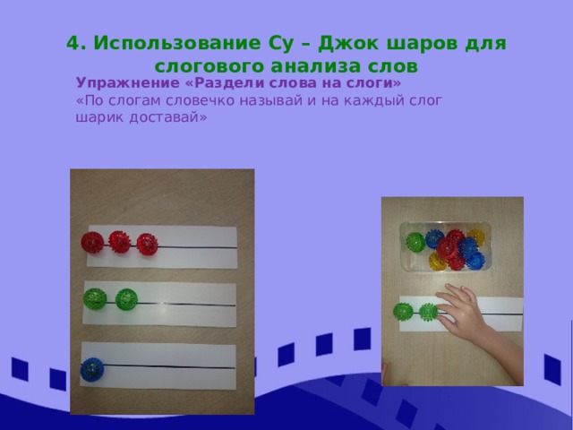 4. Использование Су – Джок шаров для слогового анализа слов Упражнение «Раздели слова на слоги» «По слогам словечко называй и на каждый слог шарик доставай»  