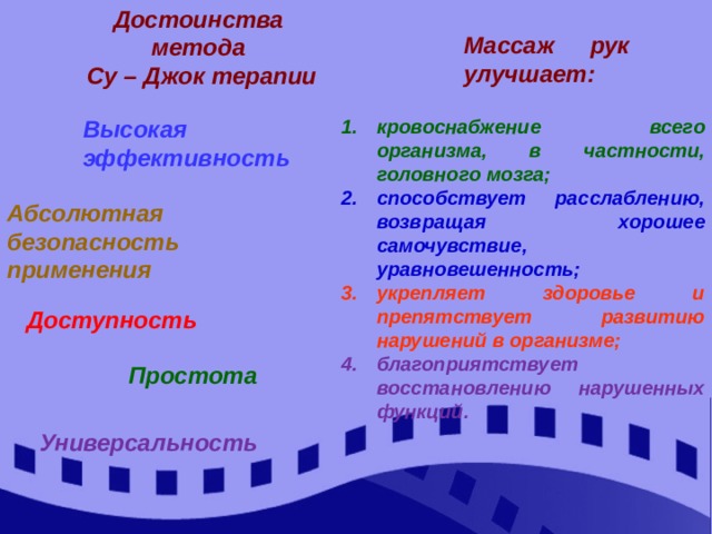 Достоинства метода Су – Джок терапии Массаж рук улучшает: Высокая эффективность  кровоснабжение всего организма, в частности, головного мозга; способствует расслаблению, возвращая хорошее самочувствие, уравновешенность; укрепляет здоровье и препятствует развитию нарушений в организме; благоприятствует восстановлению нарушенных функций. Абсолютная безопасность применения Доступность Простота  Универсальность 