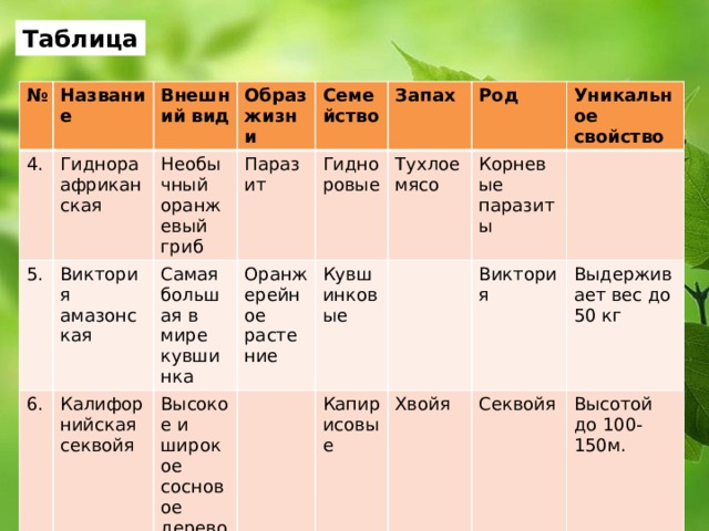 Таблица № Название 4. Внешний вид Гиднора африканская 5. Образ жизни Необычный оранжевый гриб 6. Виктория амазонская Паразит Семейство Самая большая в мире кувшинка Калифорнийская секвойя Запах Гидноровые Оранжерейное растение Высокое и широкое сосновое дерево Тухлое мясо Род Кувшинковые Уникальное свойство Корневые паразиты Капирисовые Виктория Хвойя Выдерживает вес до 50 кг Секвойя Высотой до 100-150м. 