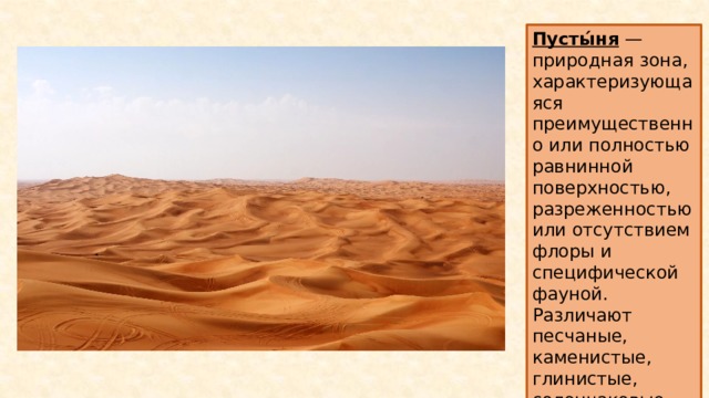 Пусты́ня — природная зона, характеризующаяся преимущественно или полностью равнинной поверхностью, разреженностью или отсутствием флоры и специфической фауной. Различают песчаные, каменистые, глинистые, солончаковые пустыни. 