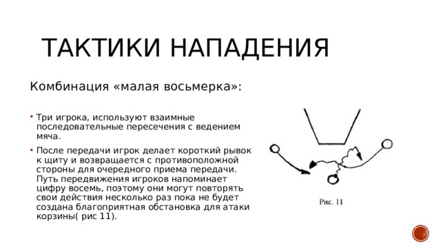 Тактики нападения Комбинация «малая восьмерка»: Три игрока, используют взаимные последовательные пересечения с ведением мяча. После передачи игрок делает короткий рывок к щиту и возвращается с противоположной стороны для очередного приема передачи. Путь передвижения игроков напоминает цифру восемь, поэтому они могут повторять свои действия несколько раз пока не будет создана благоприятная обстановка для атаки корзины( рис 11). 