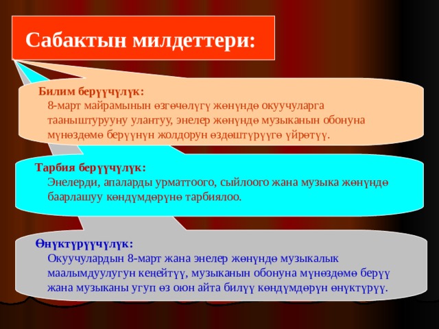 Сабактын милдеттери:  Билим берүүчүлүк:   8-март майрамынын өзгөчөлүгү жөнүндө окуучуларга  тааныштурууну  улантуу, энелер жөнүндө музыканын обонуна  мүнөздөмө  берүүнүн  жолдорун өздөштүрүүгө үйрөтүү. Тарбия берүүчүлүк:  Энелерди, апаларды урматтоого, сыйлоого жана музыка жөнүндө  баарлашуу көндүмдөрүнө тарбиялоо. Өнүктүрүүчүлүк:  Окуучулардын 8-март жана энелер жөнүндө музыкалык  маалымдуулугун кеңейтүү, музыканын обонуна мүнөздөмө берүү  жана музыканы угуп өз оюн айта билүү  көндүмдөрүн өнүктүрүү. 
