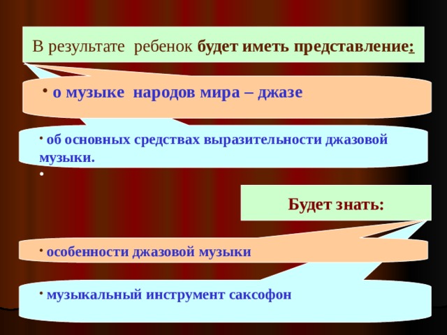 В результате ребенок будет иметь представление :  о музыке народов мира – джазе  об основных средствах выразительности джазовой музыки.   Будет знать:   особенности джазовой музыки  музыкальный инструмент саксофон 