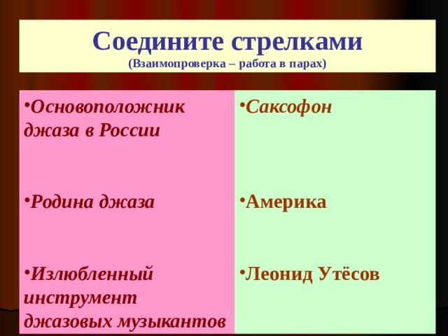Соедините стрелками (Взаимопроверка – работа в парах) Основоположник джаза в России Саксофон    Родина джаза    Америка   Излюбленный инструмент джазовых музыкантов   Леонид Утёсов 