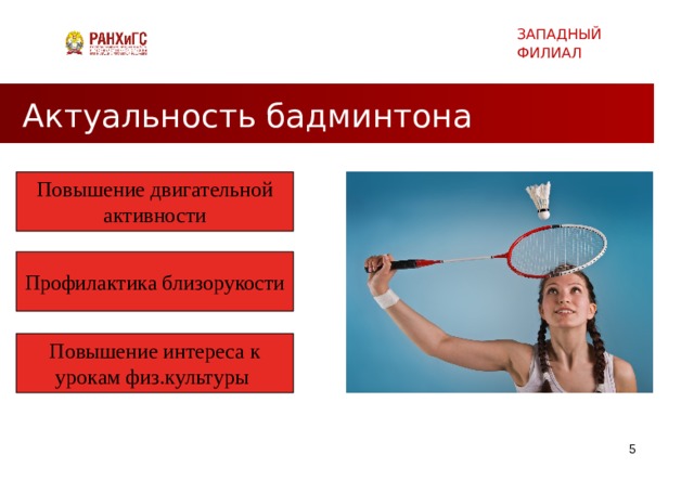 ЗАПАДНЫЙ ФИЛИАЛ Актуальность бадминтона Повышение двигательной активности Профилактика близорукости Повышение интереса к урокам физ.культуры   