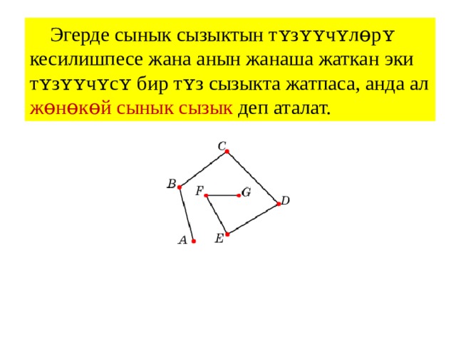  Эгерде сынык сызыктын тʏзʏʏчʏлɵрʏ кесилишпесе жана анын жанаша жаткан эки тʏзʏʏчʏсʏ бир тʏз сызыкта жатпаса, анда ал жɵнɵкɵй сынык сызык деп аталат. 