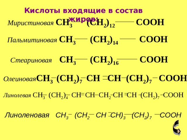 Кислоты входящие в состав жиров: Миристиновая CH 3 (CH 2 ) 12 COOH  Пальмитиновая CH 3 (CH 2 ) 14 COOH  Стеариновая CH 3 (CH 2 ) 16 COOH  Олеиновая CH 3 (CH 2 ) 7 CH CH (CH 2 ) 7 COOH  Линолевая  CH 3 (CH 2 ) 4 CH CH CH 2 CH CH (CH 2 ) 7 COOH  Линоленовая CH 3 (CH 2 CH CH) 3 (CH 2 ) 7 COOH 