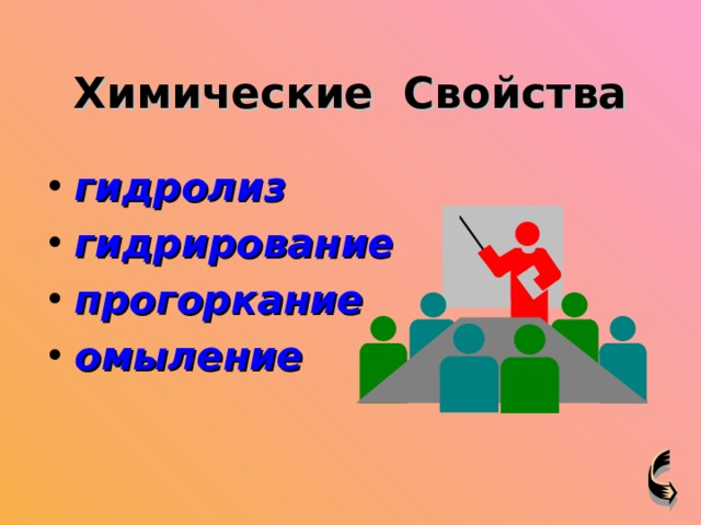 Химические Свойства гидролиз гидрирование прогоркание омыление   