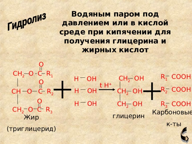 Водяным паром под давлением или в кислой среде при кипячении для получения глицерина и жирных кислот O CH 2 O C R 1 R 1 COOH CH 2 OH H OH O t H + R 2 COOH H OH CH 2 OH CH O C R 2 O H OH CH 2 OH R 3 COOH CH 2 O C R 3 Карбоновые  к-ты глицерин Жир (триглицерид) 