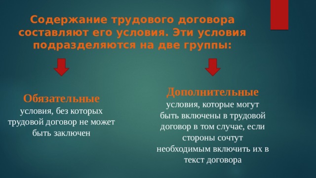 Содержание трудового договора составляют его условия. Эти условия подразделяются на две группы: Дополнительные условия, которые могут быть включены в трудовой договор в том случае, если стороны сочтут необходимым включить их в текст договора Обязательные условия, без которых трудовой договор не может быть заключен 